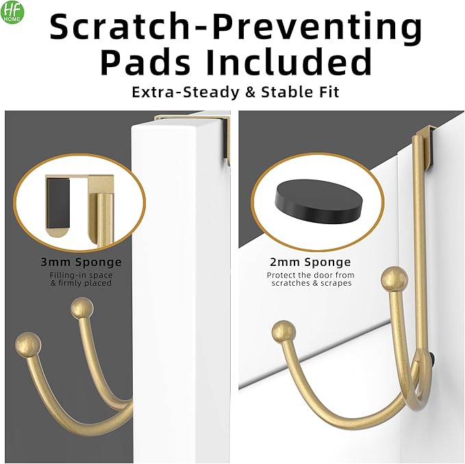 HFHOME 2Packs Over The Door Double Hanger Hooks, Metal Twin Hooks Organizer for Hanging Coats, Hats, Robes, Towels- Gold