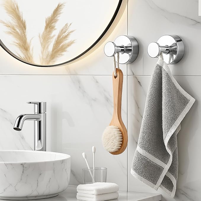 BKV Suction Cup Hooks for Glass Window,Removable Shower Hooks for Inside Shower,Metal Towel Hooks for Bathrooms,6 Pack(Mirror)