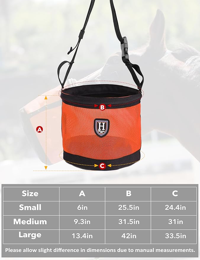 Harrison Howard Horse Muzzle Feed Bag Nylon Mesh Grain Feed Bag with Padded Neck Strap Adjustable Belt Orange Small