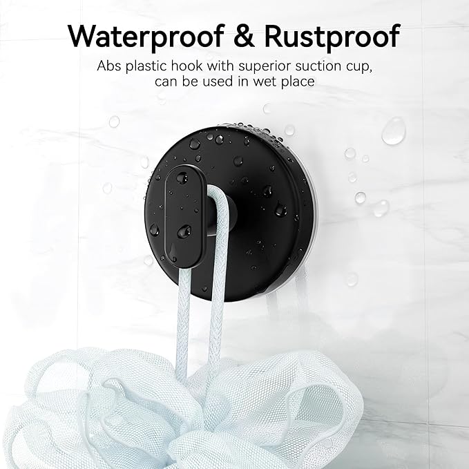 Suction Cup Hooks for Shower, Removable Towel Hooks for Bathroom, Kitchen, Glass Door, Mirror, Tile – Loofah, Towel, Coat, Bath Robe Hook for Hanging, Black 2 Pack