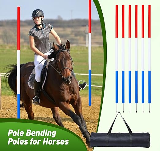 6 Pcs Pole Bending Poles for Horses,6FT Adjustable Equestrian Training Equipment for Horses,Agility Poles for Horses,Soccer & Dog,Red, White, Blue