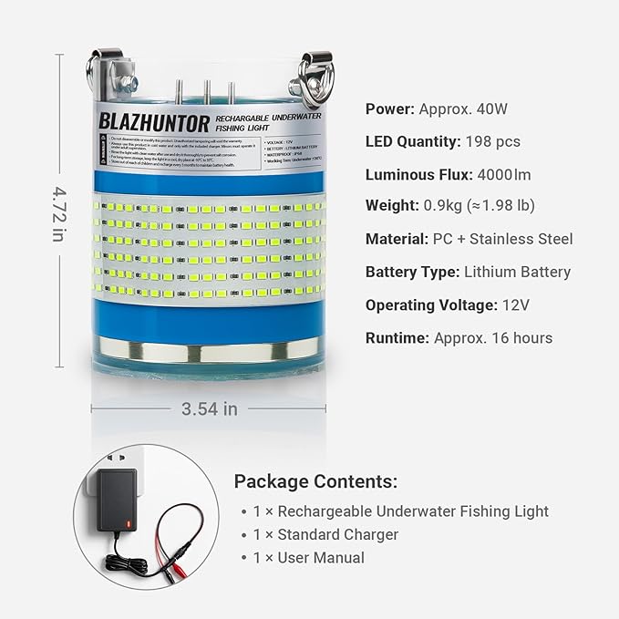 充電式水中集魚灯、水中で自動点灯、複数色対応、最大16000ルーメン、IP68防水、外部電源不要、コードレス、夜釣り・ボート釣り・桟橋釣り・氷上釣り対応