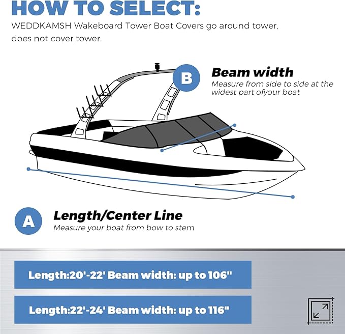 Ski & Wakeboard Tower Boat Cover, Full Metal Buckles Boat Cover, 100% Solution-Dyed Polyester Waterproof Tear and Fade Resistant, Fits 22-24ft V-Hull Runabout Tournament Boat with Ski/Wakeboard Tower