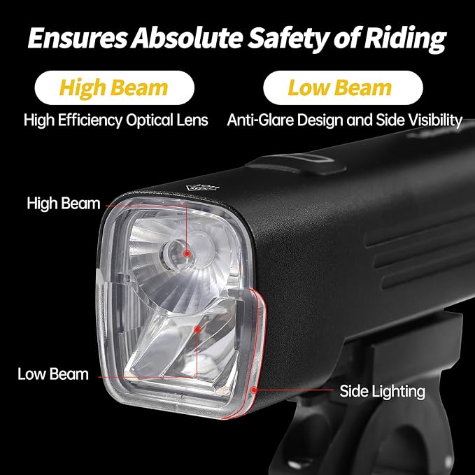 Super Bright Bike Lights for Night Riding, 2 Powerful LED for High Beam Low Beam Bicycle Lights, 6000mAh USB-C Rechargeable Bike Headlight, Smart Brake Bike Taillight, IPX6 Waterproof & Aluminum Alloy