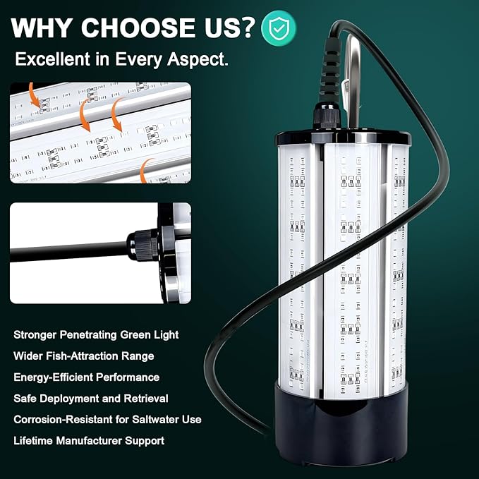NS 60W 7500LM グリーン水中集魚灯、110V AC & 12V DC デュアル電源、LED水中ドック&ボートライト、クラッピー、池、カヤック用防水海水魚誘引キット