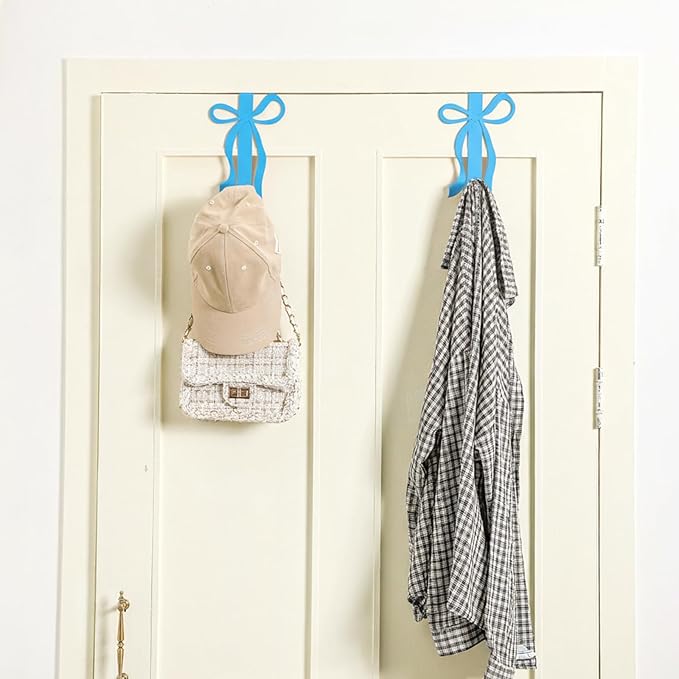 Chunful 2 Pack Bow Over The Door Hook, Metal Strong Door Hanger Hook Coquette Room Decor Bow Accessories for Cabinet Living Room Bathroom Bedroom Kitchen Hanging Clothes Towels Hats Coats Bags(Blue)