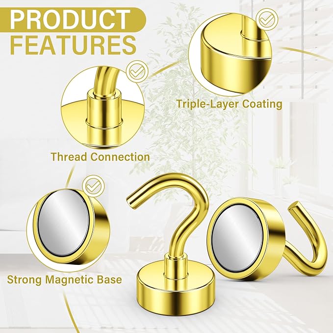 Magnetic Hooks, Heavy Duty Magnets with Hook, 30lbs Magnetic Hooks for Hanging Mugs, Magnetic Cruise Hooks for Cabins, Lock Accessories, Home, Classroom (Gold, Pack of 8)
