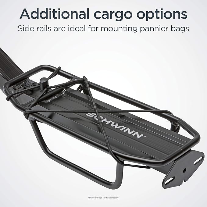 Schwinn Deluxe Alloy Rear Bike Rack, 20 lbs Capacity, Lightweight, Compact and Durable Construction, Fits Most Adult Bicycles, Cargo Options for Backpack, Gear & More, Bicycle Rack for Back of Bike