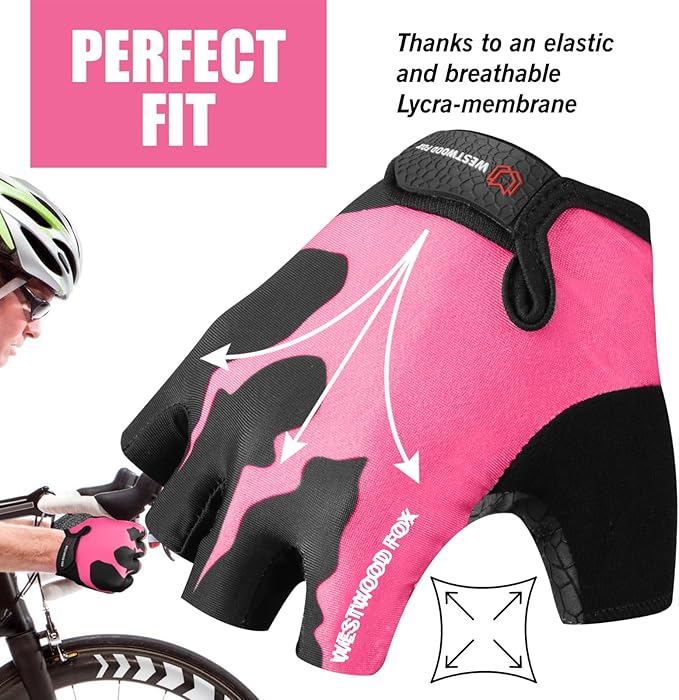 WESTWOOD FOX Cycling Gloves Half Finger Unisex Padded Grips Palm Bicycle Summer MTB Bike Gloves for Men Women Non-Slip Fingerless Short Mountain Bike Sports Hiking Climbing Gym