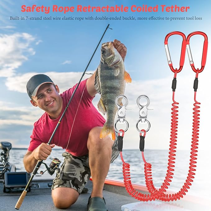 Woanger 6 Pack Fishing Lanyard Steel Wire Coiled Lanyard Tool Lanyards for Hand Tools Kayak Retractable Tool Leash Fishing Rod Safety Lanyards Gear with Alloy Clips for Pliers Boating