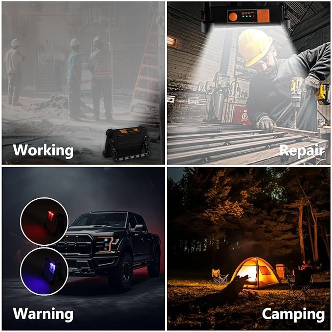 120W ソーラー充電式ワークライト、144LED ポータブル投光器スタンド付き、IP66防水 4モード LED 作業灯、メカニック、キャンプ、釣り、車の修理用懐中電灯(ブラック 1パック)