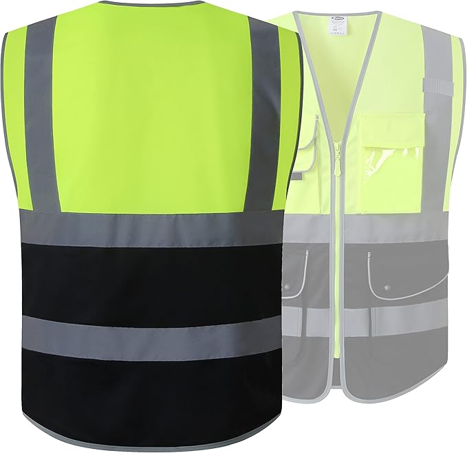 JKSafety 9 Pockets High Visible Reflective Safety Vest Zipper Front Breathable Lining, Yellow-Black Meets ANSI/ISEA Standards(150-Yellow-Black, XXL