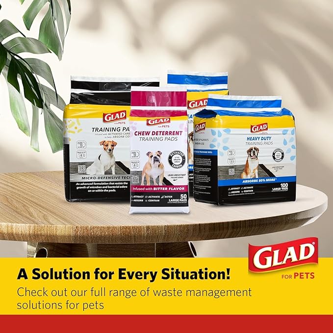 Glad for Pets Activated Carbon Puppy Training Pads with Chew Deterrent and Attractant, Odor Control, 23 x 23 Inch Disposable Dog Pee Pads, 6-Layer Leak-Resistant Potty Pads, 50 Count - 4 Pack