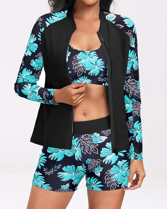 Holipick Long Sleeve Swimsuits for Women - 3 Piece Rash Guard with Shorts Zipper SPF Swim Shirt with Built in Bra