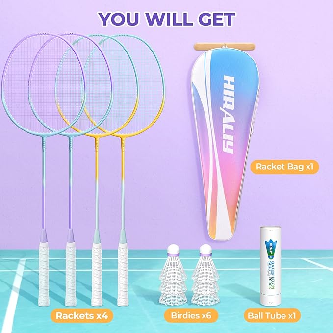 HIRALIY Badminton Rackets Set for Backyards, Badminton Set, Includ 2/4 Rackets, 6/12 Birdies, 1 Carrying Bag, Outdoor Game for Adult Family Beginner