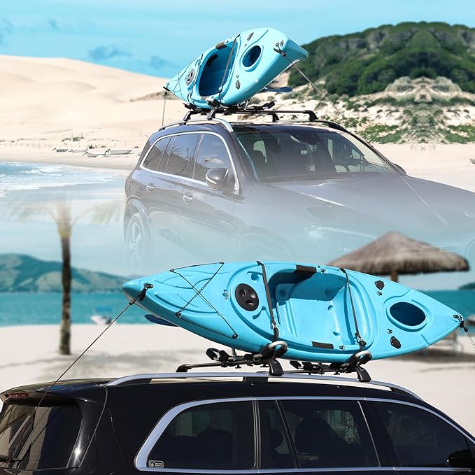 FORWODE 2 Pairs Kayak Roof Rack, 2 in 1 Aluminum Folding J-Bar Roof Rack with 2 Sets Ratchet Tie Straps for Kayak Canoe Boat Surf Ski on SUV Car Truck Crossbar