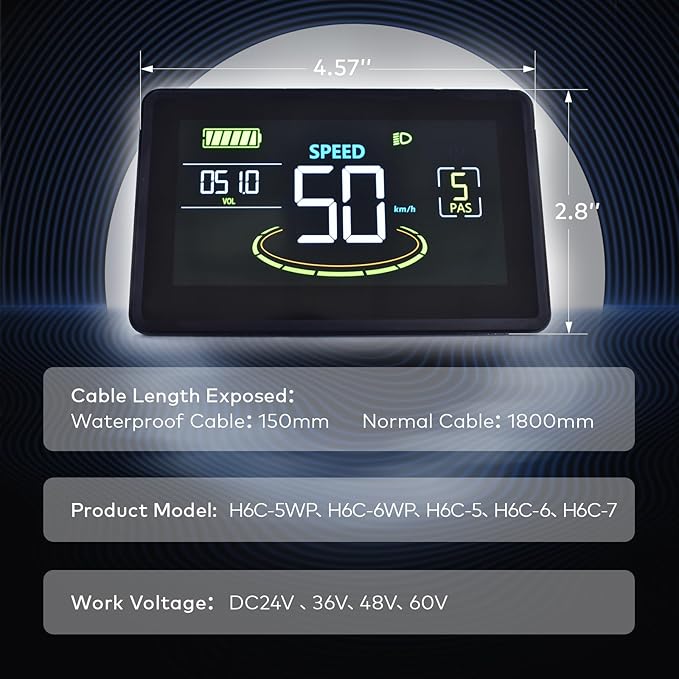 Ebike Display H6C, UART No. 2 Protocol, 24V-60V Colorful Cycling Computer with Charging Port for Mobile Devices, Ebike LCD Display to Enrich Cycling Journey