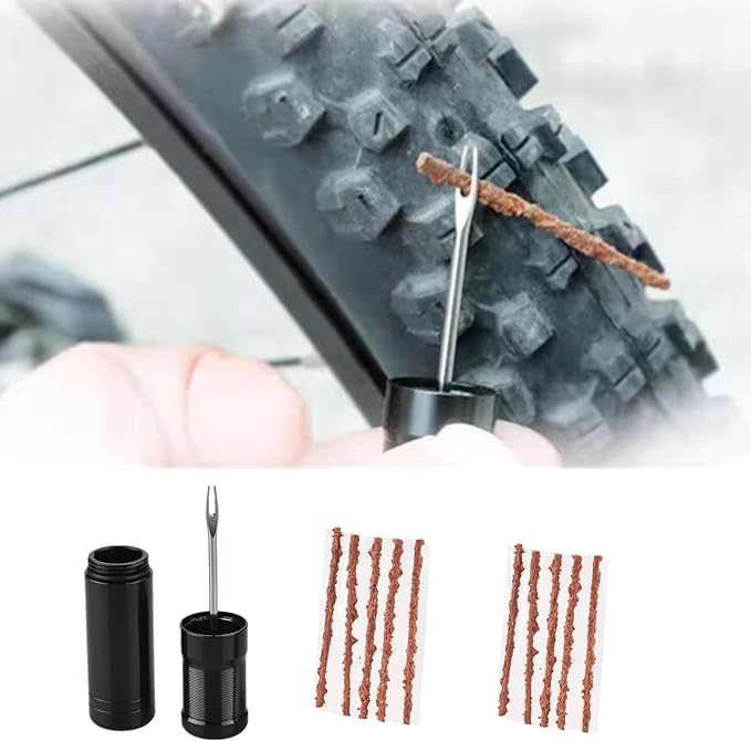 Tubeless Bike Tire Repair Kits for Road Bicycle and Mountain Bike MTB Tires | 1 Repair Tool and 7 Bacon Strips | Includes Storage Canister Plugger Tool with Plugs