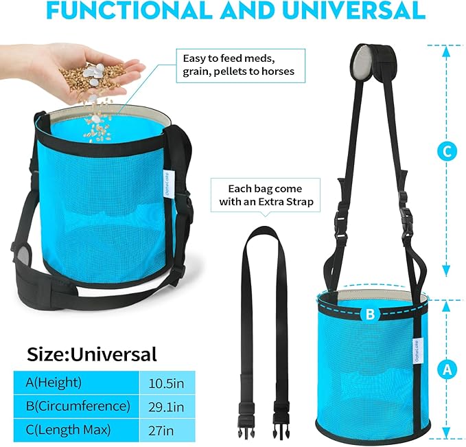 Horse Feed Bag for Grain, Breathable Mesh Feed Bags for Horses, Muzzle Feedbag for Feeding Grain, Anti-Spill Design Feeder, Soft Neck Pad Nose Pad, Universal Fit (Sky Blue 1 Pack)