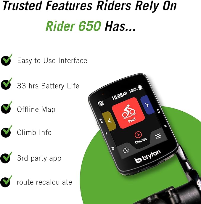 Bryton Rider 650 2.8 Inch Color LCD Touchscreen GPS Bike/Cycling Computer, Preloaded USA Map, Compatible with Bike Radar, 33hrs Long Battery Life, Navigation with Turn-by Turn Follow Track Waterproof