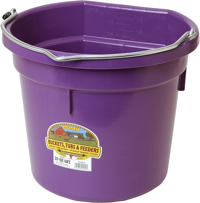 Little Giant® Flat Back Plastic Animal Feed Bucket | Animal Feed Bucket with Metal Handle | Horse Stall Feeding and Watering Supplies (Purple, 20 Quart)