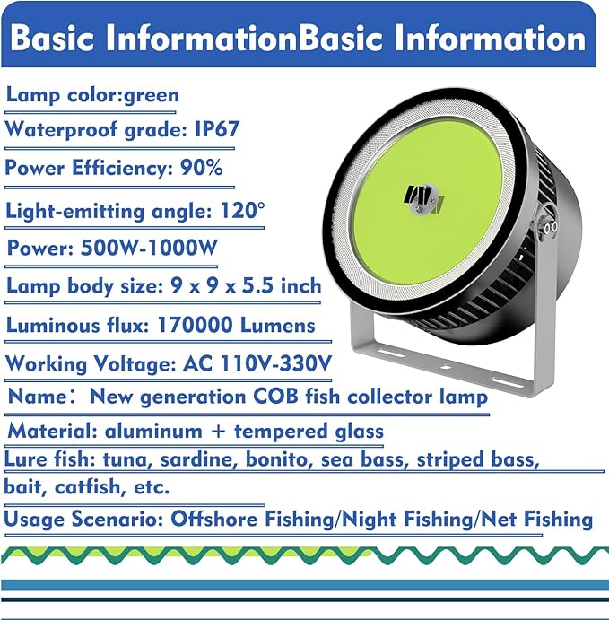 110V-330V 1000W 大型集魚灯 水中型 マリン用 6.5フィート電源ケーブル付き、グリーンLED 防水スポットライト 170KLM、雷保護集魚灯、漁船、マグロなどの海釣りに対応