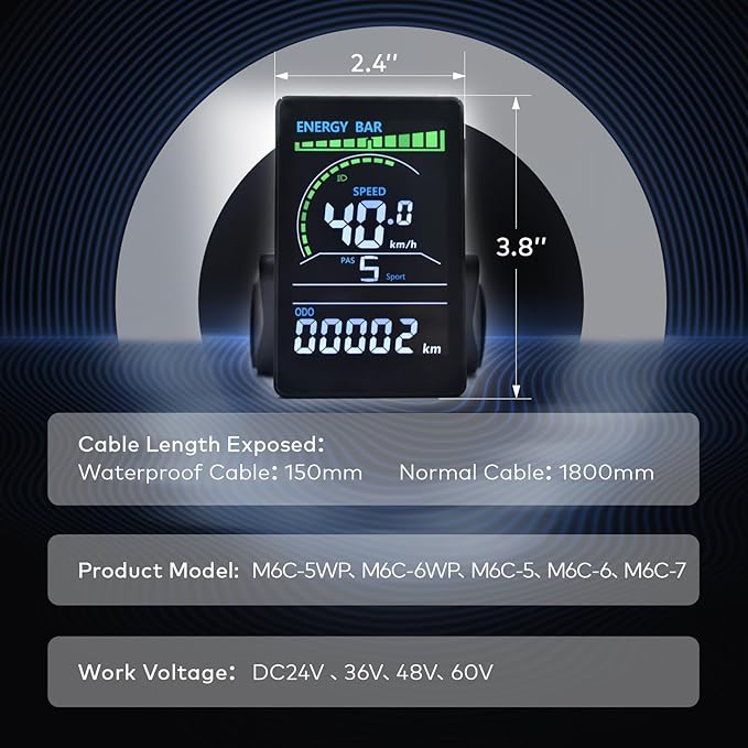 Ebike Display M6C, UART No. 2 Protocol, 24V-60V Colorful Acrylic Cycling Computer with Charging Port for Mobile Devices, Ebike LCD Display to Enrich Cycling Journey