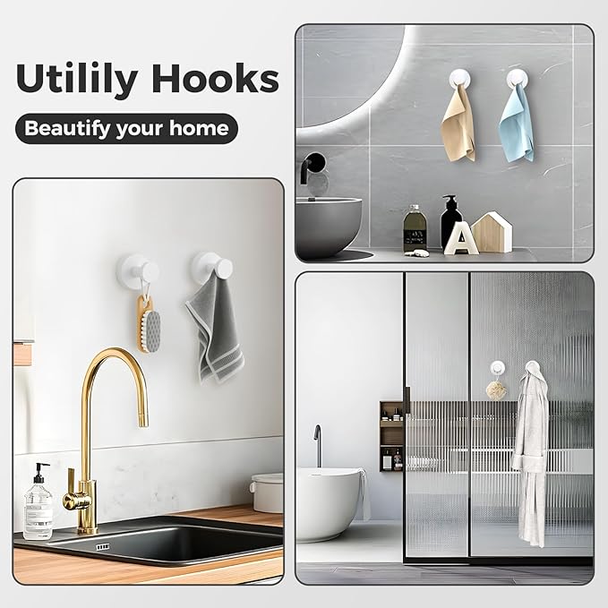 Shower Hooks for Inside Shower,Suction Cup Hooks for Glass Window,Removable Towel Hooks for Bathrooms,6 Packs(White)