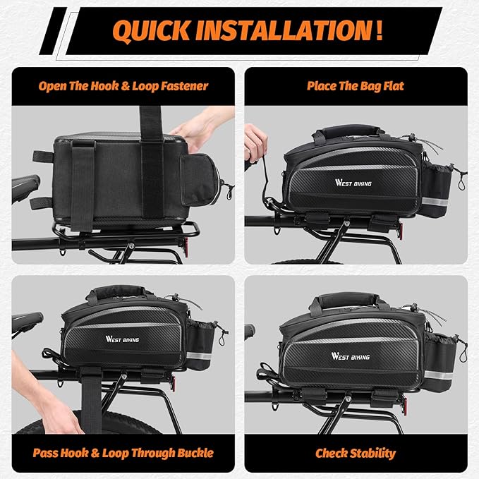 West Biking Waterproof Hard Shell Bike Rear Rack Bag 11L Capacity 600D Oxford Fabric & EVA Bicycle Trunk Pannier Bag for Commuting Touring Mountain Road E-Bike with Rain Cover (Black-2: 11Lcapacity)