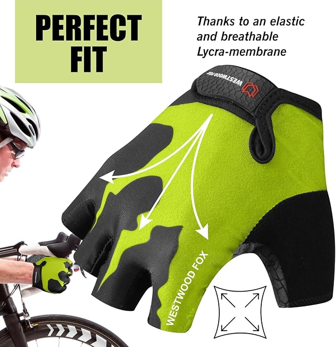 WESTWOOD FOX Cycling Gloves Half Finger Unisex Padded Grips Palm Bicycle Summer MTB Bike Gloves for Men Women Non-Slip Fingerless Short Mountain Bike Sports Hiking Climbing Gym