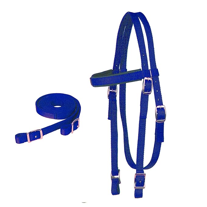 Majestic Ally Horse Headstall with Reins, Nylon Padded Browband, Multiple Colors (Royal Blue, Pony)