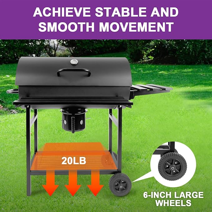 Charcoal BBQ Grill with Thermometer & Foldable Side Table, 565 sq in Cooking Space Large Charcoal Grills, Barrel Charcoal Grills for Backyards Picnic Cookouts