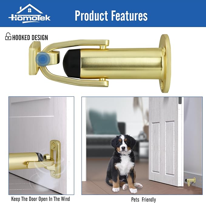 HOMOTEK 1Pack Heavy Duty Door Stopper with Manual Hook Windproof,Door Holder Stop with Sound Dampening Rubber Bumper Wall Mounted, Brushed Brass
