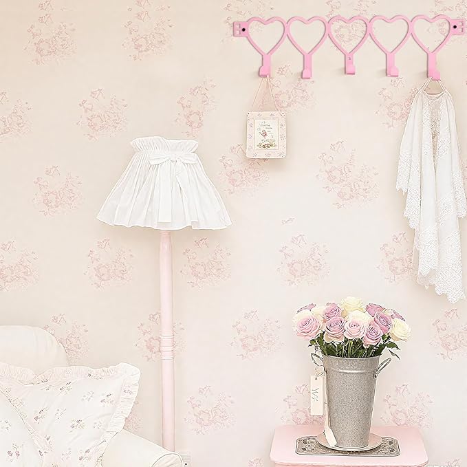 Pink Heart Over The Door Hooks Hanger Wall Mount Towel Hanger Door Holder Organizer 5 Hooks Kawaii Farmhouse Rustic Coquettish Style Decor for Bedroom Bathroom Towel Hat Clothes