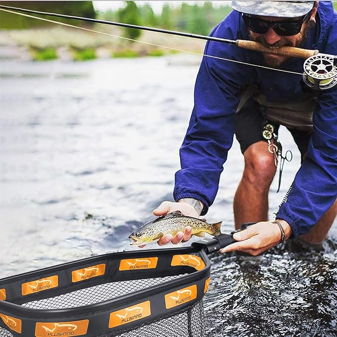 PLUSINNO Floating Fishing Net for Steelhead, Salmon, Fly, Kayak, Catfish, Bass, Trout Fishing, Rubber Coated Foldable Landing Net with Fixed or Telescoping Pole Handle, Fishing Gear and Gifts for Men