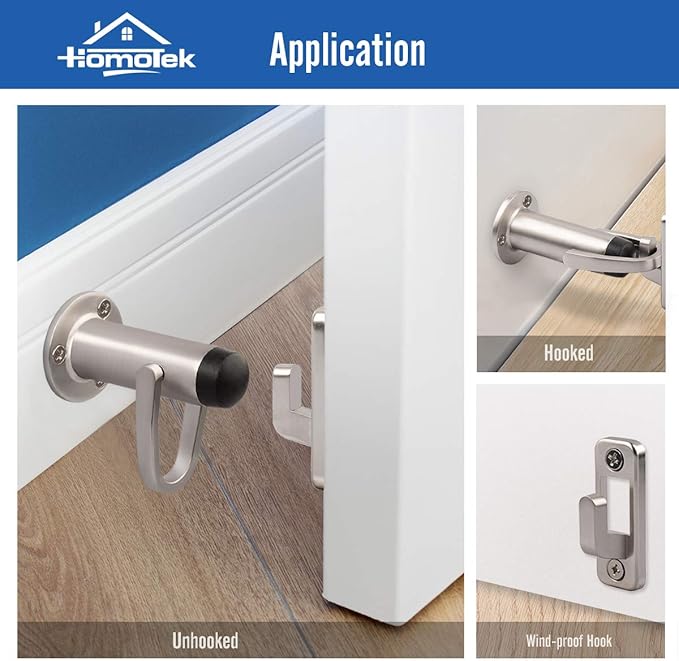 HOMOTEK Heavy Duty Latch Hook Stop Windproof,Door Holder Stopper with Sound Dampening Rubber Bumper Wall Mounted, Brushed Satin Nickel, 1 Pack
