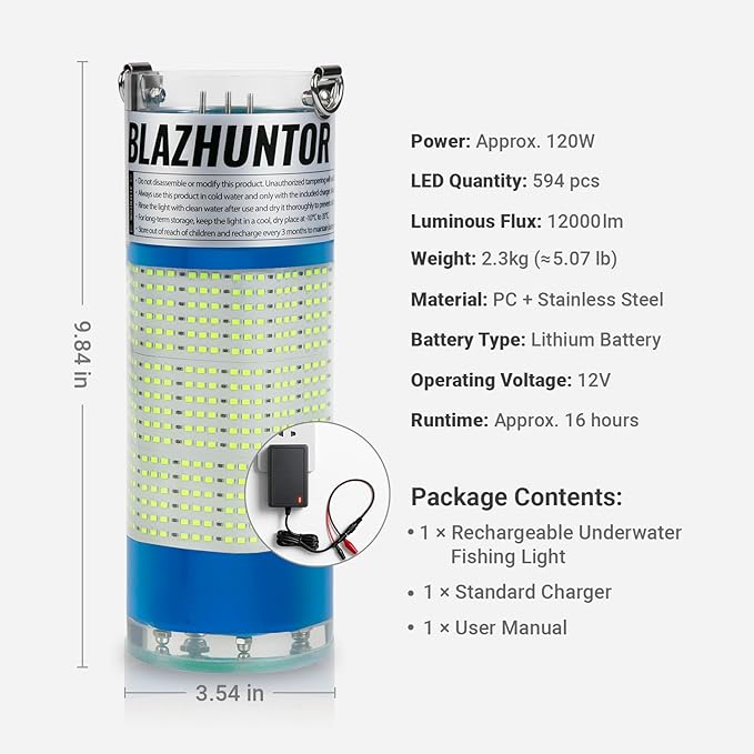 Rechargeable Underwater Fishing Light,Auto On in Water,Multi-Color Options, Up to 16000lm, IP68 Waterproof,No External Power,Cordless,Night Boat Dock Ice Fishing