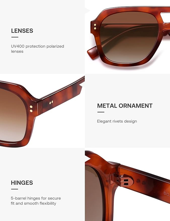 SOJOS Retro Thick Polarized Aviator Sunglasses for Women Men, Large Trendy Bold Square Pilot Shades SJ2385