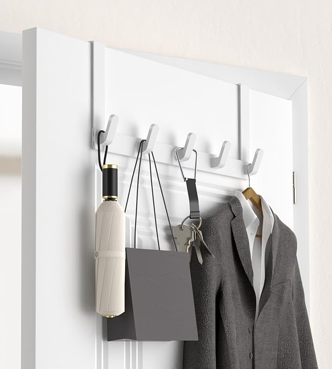 KitchLife Over The Door Hooks - Heavy Duty 5-Hook Organizer, 80lb Total Capacity for Robes, Coats & Towels, Fits 1 3/4" Doors, L18U, Gap-Free & Scratch-Free Design, White,2-Pack