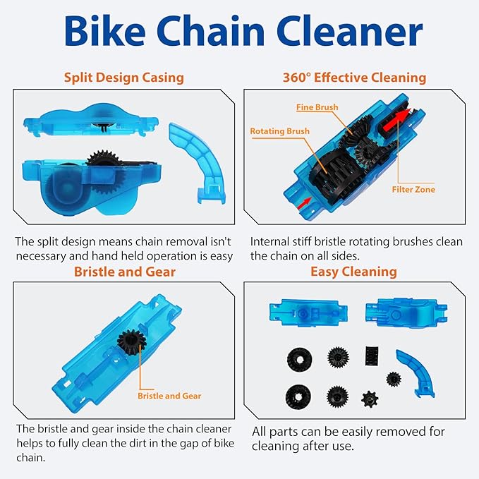 Chain Cleaner Bicycle, Bike Chain Cleaning Tool Kit with Scrubber Brushes and Gear Scraper, Easy Chain Maintenance for Road, Mountain, BMX, and Commuter Bikes
