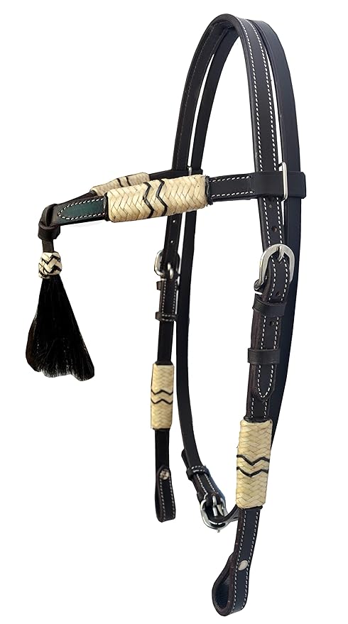 Western Horse Headstall Standard Size – Adjustable Hand Braided Genuine Leather Bridle with Brown Rawhide Knotting Futurity Knot Black Color Hair Tassels, Western Riding Tack, Dark Brown (Full Size)