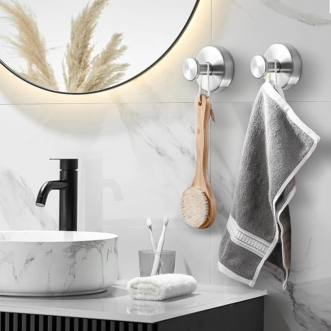 BKV Suction Cup Hooks for Glass Window,Removable Shower Hooks for Inside Shower,Metal Towel Hooks for Bathrooms,4 Pack(Silver)