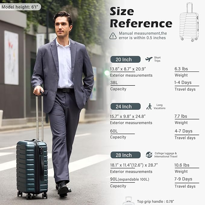 Coolife Larage 拡張可能スーツケース 28インチ ハードサイドスピナーホイール付き(ティールブルー)