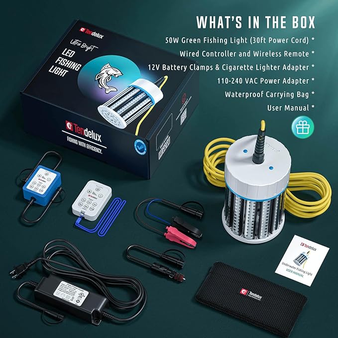 超高輝度水中集魚灯 110V & 12V グリーンLED 水中集魚灯 ドック、ボート、カヤック用 IP68 防水 淡水・海水対応 (ケーブル長30フィート)