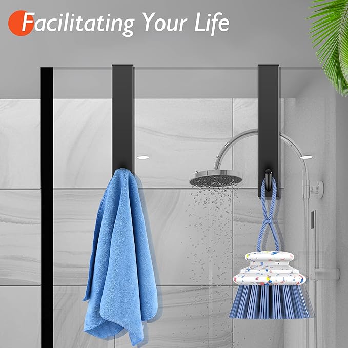 Shower Door Hooks(10 Inch),Extended Over Door Hooks for Bathroom Frameless Glass Shower Door,Stainless Steel Towel Hooks,Heavy Duty Rack Hooks for Robe,Towel-2 Pack-Black