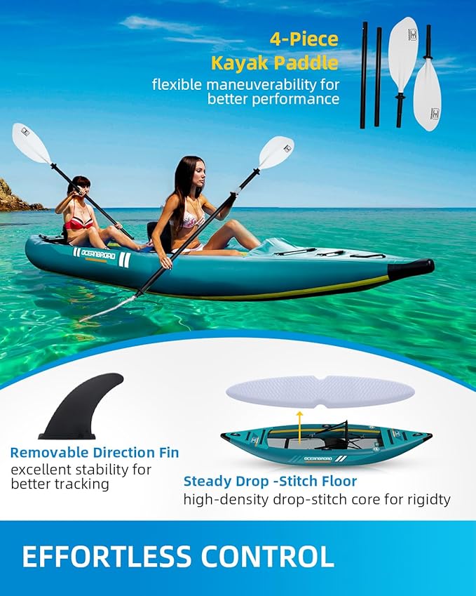 OCEANBROAD インフレータブル シットイン カヤック (HINなし)、パドル、カヤックシート、ペダル、ハンドポンプ、バッグ付き大人用1人用/2人用カヤック、ブルー/スカイブルー