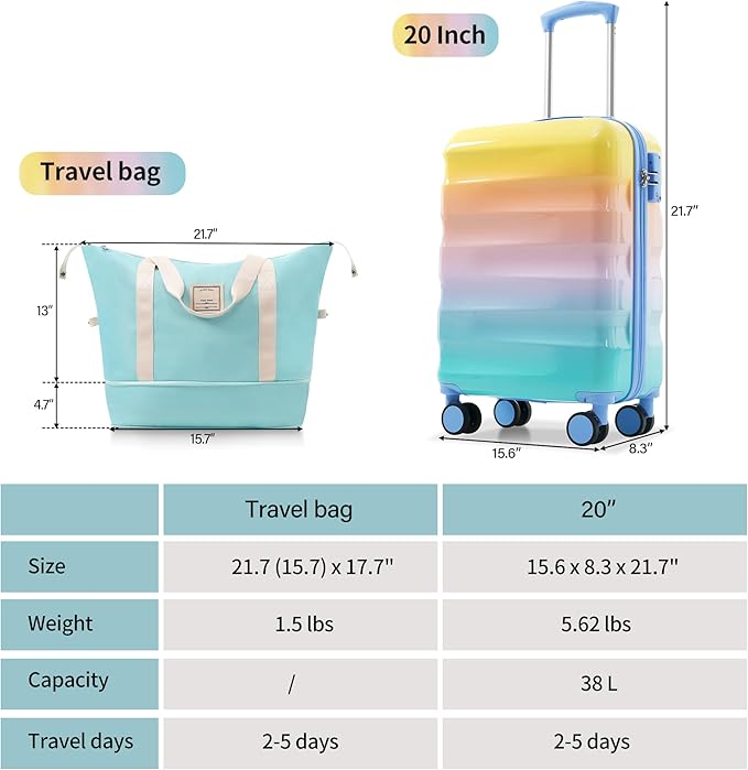 Merax PC+ABS 20" Carry-On Luggage Set with Detachable Makeup Case Compact & Flight Approved, Rainbow