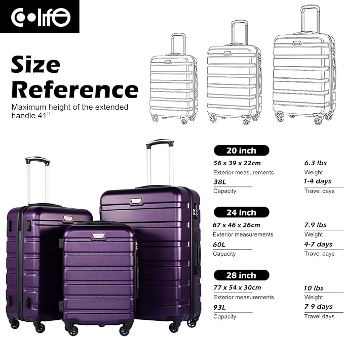 Coolife Luggage スーツケース 機内持込 旅行用品 キャリーバッグ キャリーケース 軽量 ハードシェル TSAロック搭載 (パープル, 20/24/28)