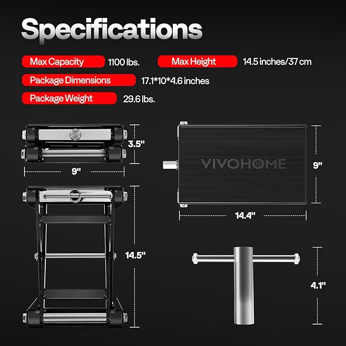 VIVOHOME 1100 LBS Motorcycle Lift Scissor Jack, Wide Deck Hoist Stand, Height Adjustable Center Stand with Crank, Steel Lift for Cruiser, Dirt Bike, ATV - Black