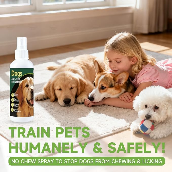 Dog No Chew Spray, Bitter Dog Deterrent Spray for Furniture & Carpet, Pet Corrector & Training Spray for Dogs & Puppies, Safe & Natural, Prevent Peeing, Biting, Chewing & Licking Injuries, 200ml